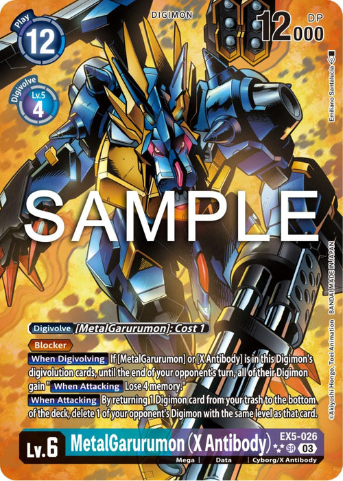 A Digimon card featuring MetalGarurumon (X Antibody) [EX5-026] (English Exclusive Alternate Art) [Animal Colosseum]. The card showcases a blue and yellow armored Digimon with sharp, metallic features and a wolf-like appearance. It includes various stats such as play level 12, DP 12000, and digivolve cost 1. The text describes its powerful abilities.