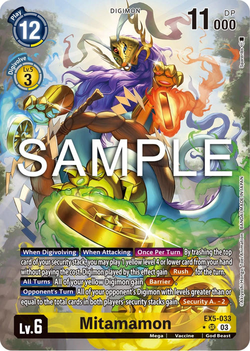 An illustrated game card features Mitamamon [EX5-033] (Alternate Art) [Animal Colosseum], a Super Rare Digimon adorned in a golden robe, grasping a staff, and standing on a purple cloud against a celestial backdrop. The card includes text describing its abilities and stats, indicating it's a Level 6 Mega Vaccine Digimon with 11,000 DP.