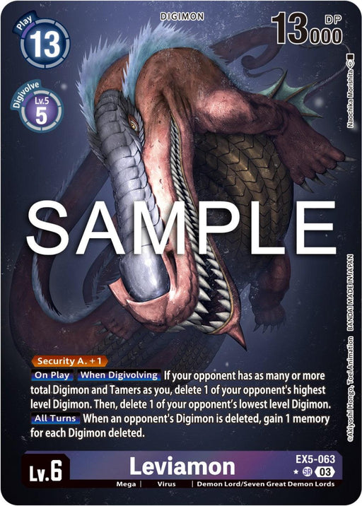 A Digimon card features Leviamon [EX5-063] (Alternate Art) [Animal Colosseum], a dragon-like, Demon Lord creature with large teeth and a menacing expression. It's of level 6, has a play cost of 13, digivolution cost of 5, 13,000 DP and various abilities. The Super Rare card number EX5-063 belongs to the Mega type.
