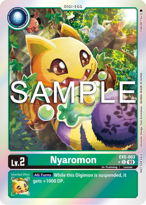 A Digimon card featuring Nyaromon [EX5-003] (Animal Colosseum Box Promotion Pack) [Animal Colosseum], a yellow and purple Digi-Egg with large eyes and cat-like ears, surrounded by greenery and flowers. The Uncommon card reads "Lv. 2," "Inherited Effect," and describes Nyaromon's effect in-game. A "SAMPLE" watermark covers the image.
