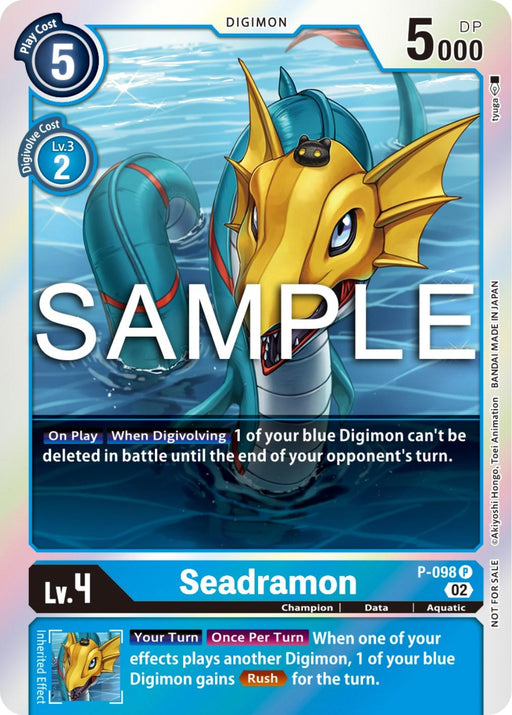 A Digimon card titled "Seadramon [P-098] - P-098 (Limited Card Pack Ver.2) [Promotional Cards]" with a Level of 4. The card, part of the Promo series, depicts a serpent-like aquatic creature with yellow fins and blue scales. It has a Play Cost of 5 and a Digivolve Cost of 3, with 5000 DP. The card features abilities that prevent deletion in battle and grants the Rush ability.
