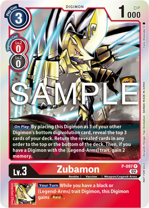 A Digimon Promo card featuring Zubamon [P-097] - P-097 (Limited Card Pack Ver.2) [Promotional Cards]. The card showcases the yellow armored Legend-Arms dragon-like creature with a play cost of 3, a Digivolution cost of 0 from Lv.2, and 1000 DP. It includes special abilities activated when played and during your turn, with "SAMPLE" overlaid on the image.
