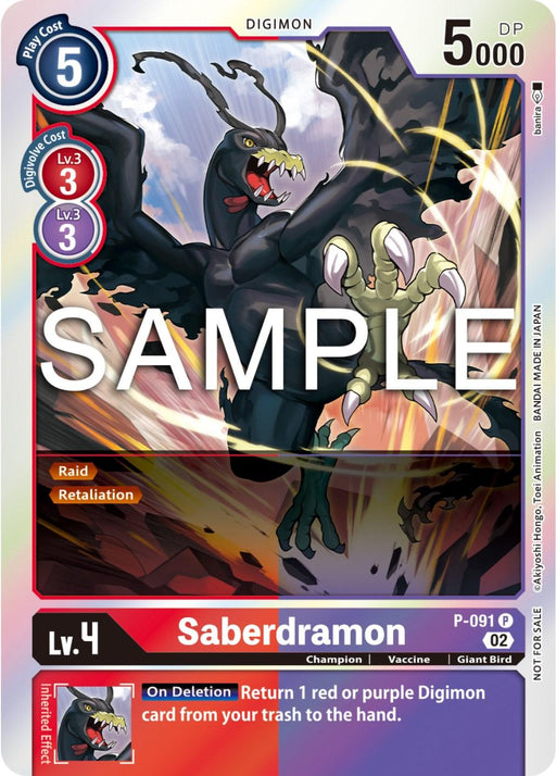 A promotional Digimon card featuring Saberdramon [P-091] - P-091 (3rd Anniversary Update Pack) [Promotional Cards], a Champion level Digimon with a play cost of 5, DP of 5000, and Digivolution costs of 3 from a Level 3 blue or red Digimon. The card has abilities “Raid” and “Retaliation.” In the illustration, Saberdramon is a fierce, dark avian-like creature with large claws.