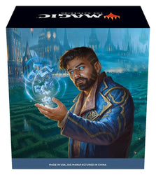 A Magic: The Gathering box features a man with short dark hair and a beard, wearing a blue, gold-trimmed coat. He is holding a glowing, blue orb with mystical symbols. In the background, the eerie landscape of Murders at Karlov Manor - Prerelease Pack fades under a cloudy twilight sky. Text: "Made in USA, die manufactured in China.