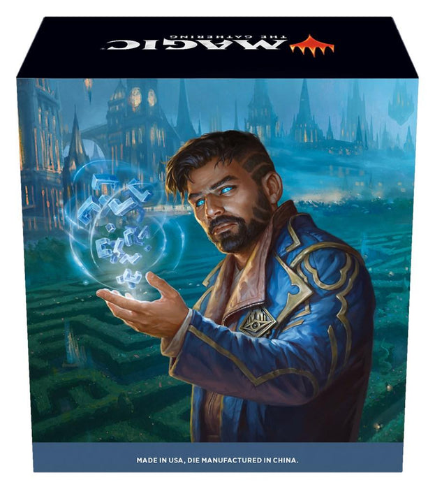A Magic: The Gathering box features a man with short dark hair and a beard, wearing a blue, gold-trimmed coat. He is holding a glowing, blue orb with mystical symbols. In the background, the eerie landscape of Murders at Karlov Manor - Prerelease Pack fades under a cloudy twilight sky. Text: "Made in USA, die manufactured in China.