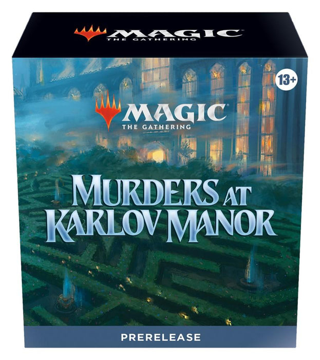 The image shows a "Magic: The Gathering" Murders at Karlov Manor - Prerelease Pack. The box features ominous artwork of a gothic manor with tall, lit windows, surrounded by a dark, intricate hedge maze. The rating indicates it is suitable for ages 13 and up.