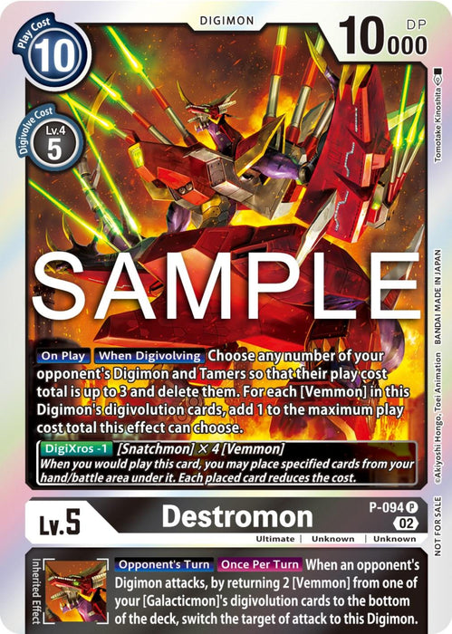 A Digimon card featuring "Destromon [P-094] (3rd Anniversary Update Pack) [Promotional Cards]" at the bottom. Predominantly red and black, it showcases a fierce robotic Digimon in the center, surrounded by glowing red energy. The promo card details attributes like play cost (10), level (5), Digivolution cost (4), and DP (10,000). "SAMPLE" is stamped diagonally across the card.