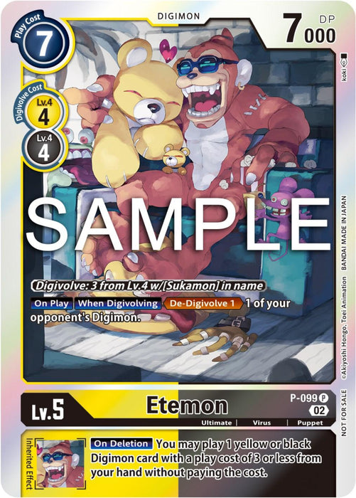 A promotional card for the Digimon character "Etemon" shows him lounging on a yellow couch with a blue drink, sunglasses, and holding a controller. Text includes play cost, power level, and special abilities. The card boasts vibrant colors and detailed artwork, making the Etemon [P-099] (Limited Card Pack Ver.2) [Promotional Cards] from Digimon a must-have promo item.

