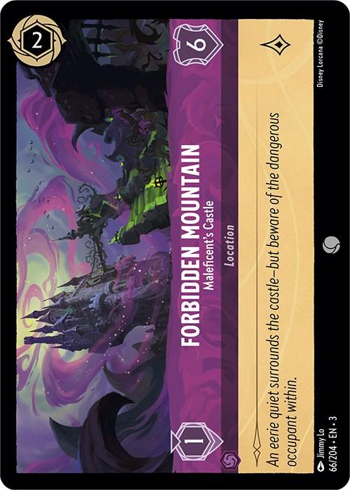 The Disney card "Forbidden Mountain - Maleficent's Castle (66/204) [Into the Inklands]" depicts a dark fortress under swirling purple skies and green lightning. Its black-and-purple border, with number 2 and a hexagon featuring 6, hints at the peril inside.