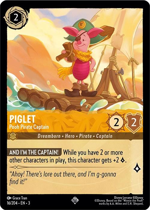 A Disney Lorcana trading card featuring Piglet from Winnie the Pooh dressed as a pirate captain. Piglet stands on a raft holding a wooden sword with a treasure chest and pirate flag in the background. This Super Rare card reads "Piglet - Pooh Pirate Captain (16/204) [Into the Inklands]" with stats and an ability description.