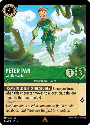 A rare Disney digital card, "Peter Pan - Lost Boy Leader (82/204)," depicts Peter joyfully flying among lush greenery. As a Dreamborn Hero with 3/3 stats, he gains lore when moving locations and often volunteers for missions into the Inklands.