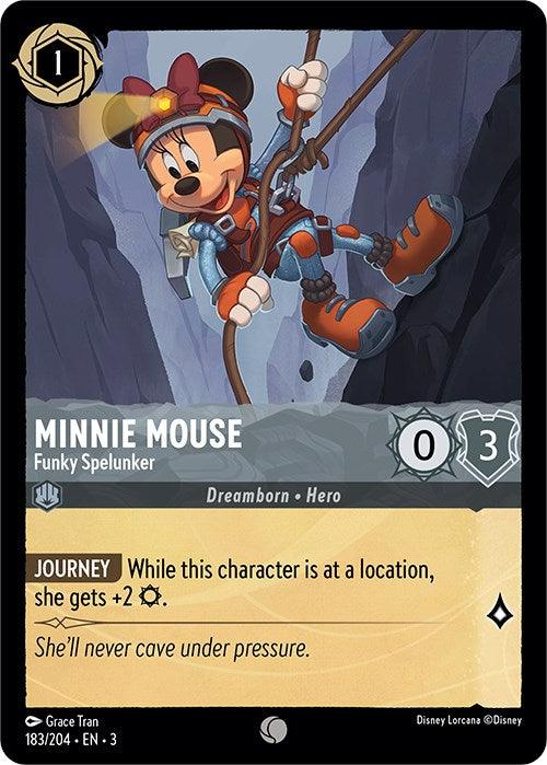 A card features Minnie Mouse - Funky Spelunker (183/204) [Into the Inklands] from Disney, portraying her as a spelunker with gear, rappelling down a cave. The card says: 