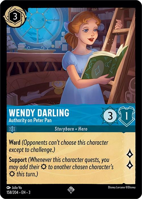 A super rare trading card features Wendy Darling reading a green book in front of a circular window with a view of the night sky. The card details include 3 cost, 3 strength, 1 willpower, and abilities named "Ward" and "Support." She is labeled as a "Storyborn Hero" with the title "Wendy Darling - Authority on Peter Pan (158/204) [Into the Inklands]" from Disney.