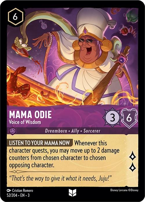 A Disney card features "Mama Odie - Voice of Wisdom (52/204) [Into the Inklands]." Costing 6, with a 3 attack and 6 defense, Mama Odie, a Dreamborn Ally Sorcerer, stands on a tree with purple smoke, wearing white robes and a hat. Text includes abilities and a yellow flavor quote from "Listen to Your Mama Now.