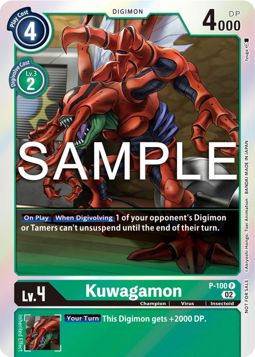A promo Digimon card featuring Kuwagamon, a red insect-like creature with sharp claws and wings, rearing on its hind legs. The card text states that when digivolving, one of your opponent's Digimon or Tamers can't unsuspend until the end of their turn. Kuwagamon [P-100] (Limited Card Pack Ver.2) [Promotional Cards] is a Level 4, Champion-level, Virus attribute with 4000 DP.