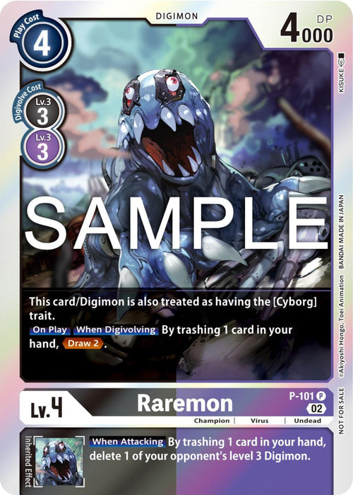 Image of a Digimon trading card for Raremon [P-101] (Limited Card Pack Ver.2) [Promotional Cards]. This promo card features a grotesque creature with sharp teeth and a glistening, slimy appearance. The purple promotional card has 4000 DP, costs 4 to play, and allows drawing a card and trashing one to draw two more. Text "SAMPLE" overlays the image.