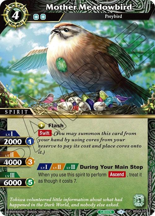 A trading card featuring "Mother Meadowbird (BSS04-071) [Savior of Chaos]," a spirit card in a fantasy setting. The bird, depicted with vibrant plumage, stands protectively among colorful chicks in a nest. Its stats include a cost of 4, power levels of 2000/4000/6000, and abilities Swift and Ascend. Text at the bottom describes the bird's role as Savior of Chaos.
