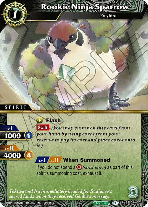A trading card titled "Rookie Ninja Sparrow (BSS04-070) [Savior of Chaos]" featuring an image of a green preybird with striking gray plumage. The sparrow, perched on a branch against a shining background, has card text including "Flash," summoning details, stats, and flavor text about Tokiwa and Iira. The card border is green. This trading card is from Bandai.