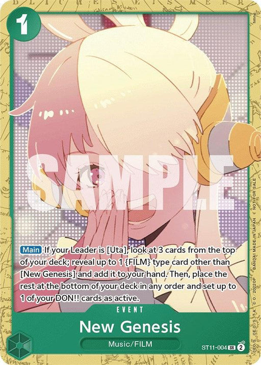A trading card titled "New Genesis (Starter Deck 11: Uta Deck Battle) [One Piece Promotion Cards]" by Bandai features an animated character with light blonde hair, wearing a red and yellow outfit, and large yellow headphones. The character has their hand over their mouth and is smiling. This Super Rare FILM type card details an event action related to a game leader named Uta.
