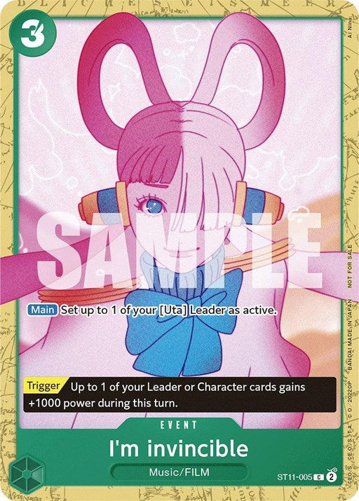 The image is of an Event Card featuring a character with light pink hair and two high, pointed pigtails. The card, from the Bandai One Piece Promotion Cards series, is titled "I'm Invincible (Starter Deck 11: Uta Deck Battle)" and has a green border. The text reads, "Main: Set up to 1 of your Leader or Character cards active. Trigger: Up to 1 of your Leader or Character cards gains...