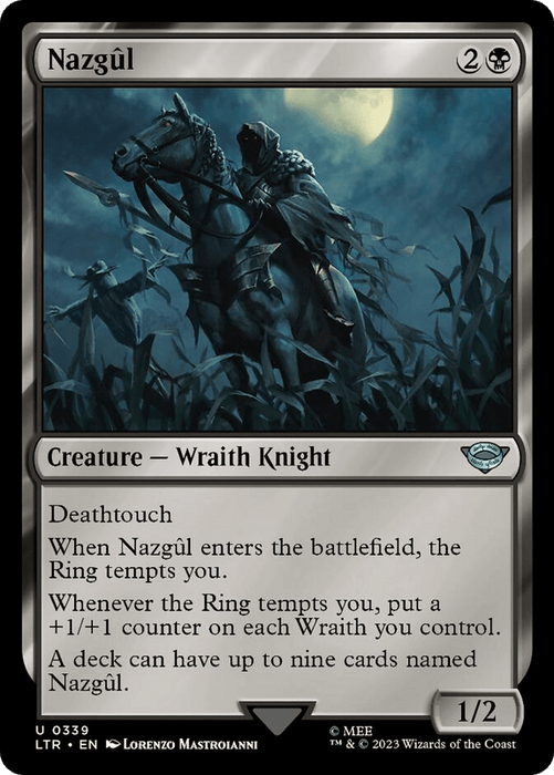 A Magic: The Gathering card named "Nazgul (339) [The Lord of the Rings: Tales of Middle-Earth]" features a dark, ghostly rider on a horse with a moonlit, eerie background. This black-colored "Creature – Wraith Knight" boasts 1 power and 2 toughness, with Deathtouch and special interactions with the Ring, capturing the essence of Lord of the Rings.