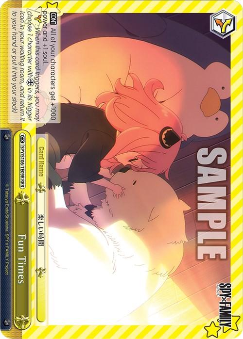 A Triple Rare trading card titled "Fun Times (SPY/S106-TE09R RRR) [SPY x FAMILY]" from Bushiroad featuring an anime scene from SPY×FAMILY. It shows characters Yor Forger and Anya Forger lying next to a large, white dog named Bond. Anya holds Bond tenderly with light shining on them. Text and game stats are visible, bordered in yellow stripes.