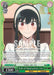 A Full of Motivation, Yor (SPY/S106-TE11R RRR) [SPY x FAMILY] trading card by Bushiroad featuring the character Yor from the anime SPY x FAMILY. The card has a green border, and Yor is smiling warmly while wearing a white outfit and headband. With 1500 power and detailed game mechanics text, it includes watermark text "SAMPLE" overlaying the image.
