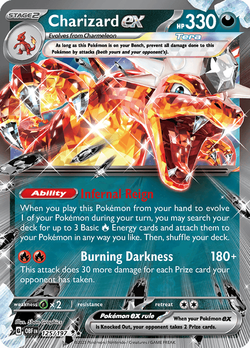 A Double Rare Pokémon trading card featuring **Charizard ex (125/197) [Scarlet & Violet: Obsidian Flames]** with an impressive HP of 330, showcasing its Ability "Infernal Reign" and move "Burning Darkness." Evolving from Charmeleon, it boasts a red and orange theme with a holofoil pattern. Part of the Scarlet & Violet series, it's card number 125/197 in the Obsidian Flames set.