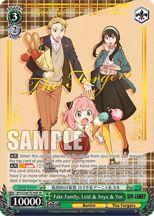 A Bushiroad Fake Family, Loid & Anya & Yor (SPY/S106-TE19SP SP) [SPY x FAMILY] trading card features an illustration of four characters from the series SPY x FAMILY. The background is yellow with decorative elements. The text includes game stats, character abilities, and "The Forgers" is prominently displayed in the center overlaying the characters.