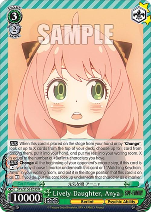 Image of a "SPY x FAMILY" trading card featuring the Lively Daughter, Anya. This Rare Character Card from Bushiroad, titled Lively Daughter, Anya (SPY/S106-E035 R) [SPY x FAMILY], showcases Anya with pink hair and green eyes, sporting a black headband with gold cat ear accents. The card details her various stats and abilities like Psychic Ability and Berlint.