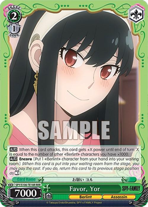 Image of a Triple Rare character card from the game Favor, Yor (SPY/S106-TE18R RRR) [SPY x FAMILY] by Bushiroad, featuring Yor from the anime "Spy x Family." Yor has long black hair with a red headband, blushes slightly, and smiles warmly. The card includes special abilities remarks and stats, framed in green and white.