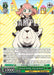 A Precious Family, Anya & Bond (SPY/S106-E044S SR) [SPY x FAMILY] character card by Bushiroad features Anya Forger smiling and riding a large, fluffy white dog, Bond, from "SPY x FAMILY." Anya wears a green and black dress with a gold collar and black shoes. Bond wears a black collar. The card includes various text, game statistics, and highlights their Berlint traits.