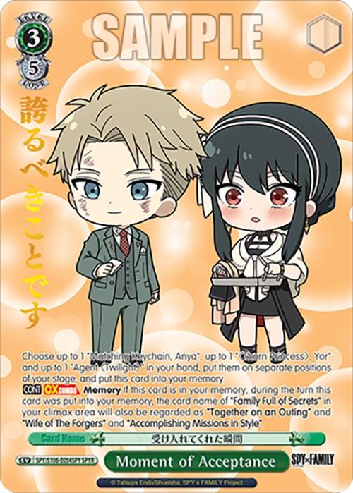 Image of a card from the "SPY x FAMILY" series. It features two chibi-style characters, a blonde boy in a suit and a black-haired girl in a school uniform. The card, adorned with Japanese text and a sample watermark, includes game text in English about abilities and effects. The specific product is "Moment of Acceptance (SPY/S106-E054SPY SPYR) [SPY x FAMILY]" by Bushiroad.