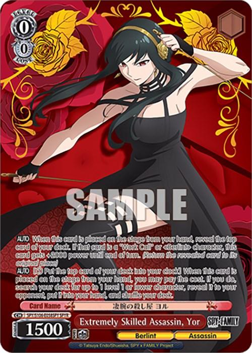 A Bushiroad Extremely Skilled Assassin, Yor (SPY/S106-E058SPY SPYR) [SPY x FAMILY] trading card features an illustrated woman with long black hair, wearing a black dress and gold hair accessories. She appears to be preparing to throw a weapon. The red background is adorned with floral designs. The bottom section includes game stats and text in Japanese and English, while 