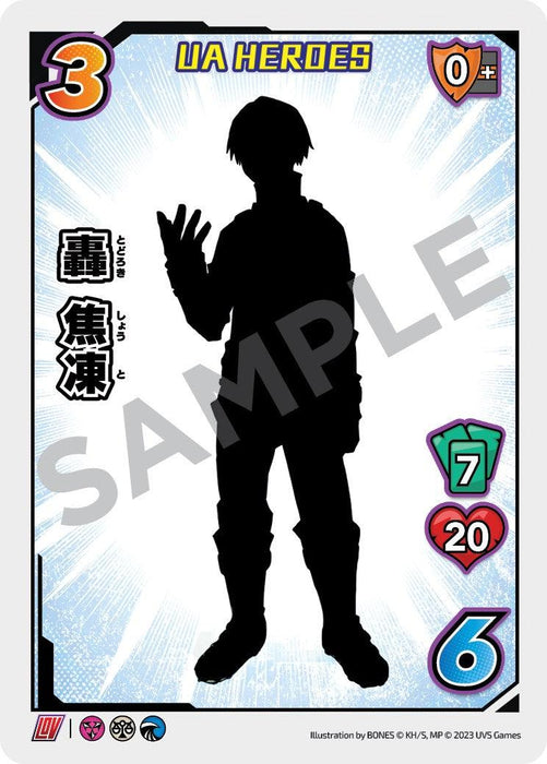 A promo trading card features the silhouette of a character gesturing with one hand raised. The background is white with colorful accents. The character's name is written in Japanese and English on the left. The card displays a cost of 3, power of 7, health of 20, another attribute at 6, and "SAMPLE" is overlaid. This card is the Shoto Todoroki (UA Heroes OVA Promo) [Miscellaneous Promos] by UniVersus.