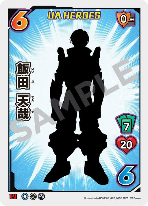 A vertical card features a silhouetted character with large armor and the label "Tenya Ida (UA Heroes OVA Promo) [Miscellaneous Promos]" across the front. The top reads "UA Heroes." On the right side, there are numerical values for health: "0+," "7," "20," and "6." Japanese text is on the left side, various logos are at the bottom, and the background is bright blue.
