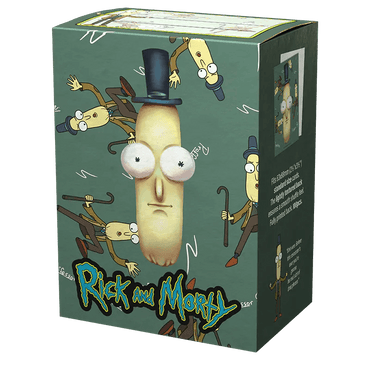 A green box by Arcane Tinmen displays "Rick and Morty" branding with Pickle Rick's face, monocle, and top hat. Illustrations show Pickle Rick in poses with a cane. Side panels detail Dragon Shield: Standard 100ct Art Sleeves featuring Mr. Poopy Butthole from this collectible set.