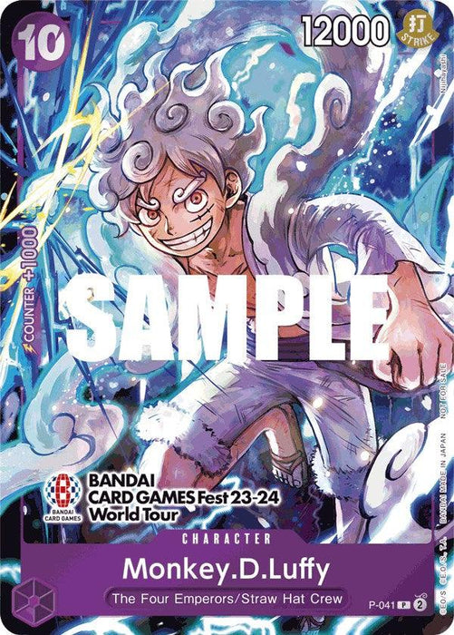 A promo card from Bandai, featuring an illustration of Monkey D. Luffy in an action pose with white hair and a determined expression. He is surrounded by an ethereal blue aura. The card, part of the *Monkey.D.Luffy (BANDAI CARD GAMES Fest 23-24 World Tour) [One Piece Promotion Cards]* series, mentions "Bandai Card Games Fest 23-24 World Tour." Luffy's power level is 12000.