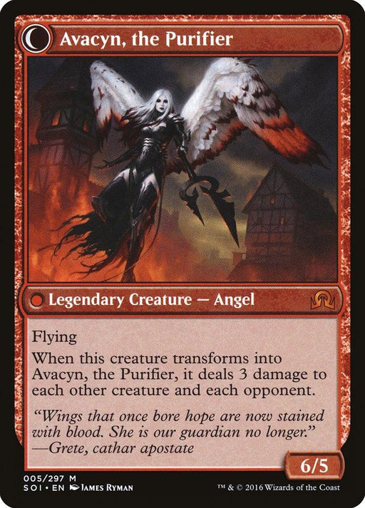 A Magic: The Gathering card titled "Archangel Avacyn // Avacyn, the Purifier [Shadows over Innistrad]" from the Shadows over Innistrad set features a fierce angel with white hair, black armor, and one black wing mixed with red feathers. This mythic legendary creature boasts flying ability and a transforming feature with 6/5 power and toughness, illustrated by James Ryman.