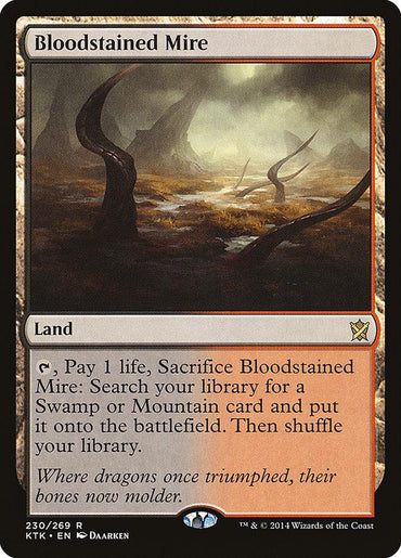 Magic: The Gathering product titled "Bloodstained Mire [Khans of Tarkir]." This rare land card depicts a desolate, barren landscape with dark, twisted spires rising from a murky ground. The flavor text at the bottom reads: "Where dragons once triumphed, their bones now molder.