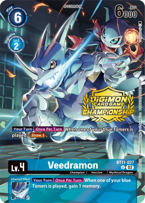 The image displays a Digimon card showcasing Veedramon [BT11-027] (Championship 2023 Tamers Pack) [Dimensional Phase Promos], a Champion-level, Vaccine, Mythical Dragon with a play cost of 6, 6000 DP, and a Digivolve cost of 2 from level 3 blue Digimon. This Dimensional Phase Promo card features abilities to draw one card and gain memory when a blue Tamer is played. Shiny graphics and logos.