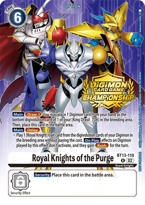 A Digimon card titled "Royal Knights of the Purge [BT13-110] (Championship 2023 Tamers Pack) [Versus Royal Knights Promos]." This Promo features three armored Digimon characters classified as Digi types. Belonging to the Digimon Card Game Championship set, it costs 6 and offers Main Draw 1, Play, and Security effects.