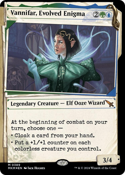 The image displays a Magic: The Gathering card featuring "Vannifar, Evolved Enigma (Showcase) (Invisible Ink) [Murders at Karlov Manor]," a Legendary Creature depicted as an Elf Ooze Wizard wearing a green robe. The card costs two colorless, one green, and one blue mana, and has a power/toughness of 3/4. Its abilities include cloaking a card from your hand or putting a +1/+1.