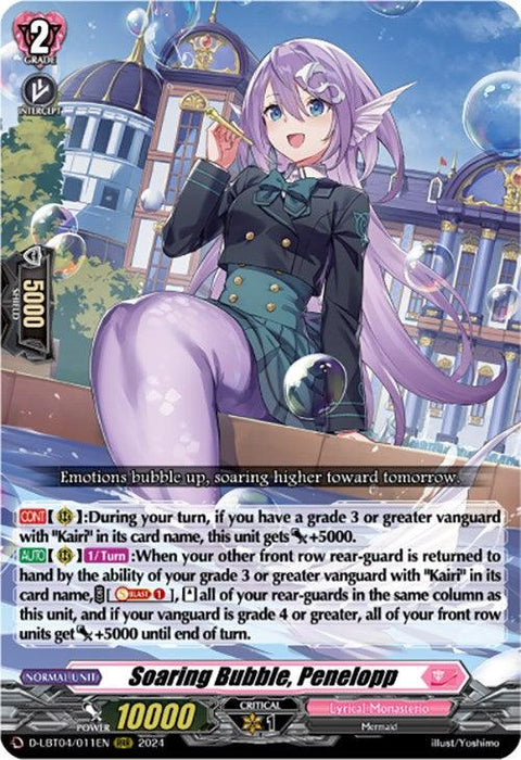 Image of a Yu-Gi-Oh! trading card featuring a character named Soaring Bubble, Penelopp (D-LBT04/011EN) [Lyrical Monasterio: Trick or Trick!] by Bushiroad. The Triple Rare card depicts a purple-haired girl with fin-like ears, dressed in a school uniform, sitting on a bubble with a cityscape in the background. Penelopp's stats and detailed game descriptions are visible at the bottom.

