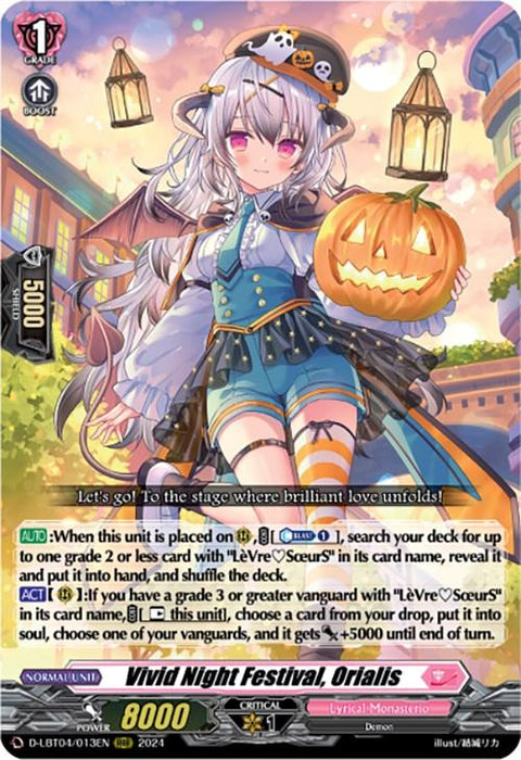 A colorful trading card featuring a white-haired female character dressed in a Halloween-themed outfit. She holds a jack-o'-lantern basket. Text on the card includes her name, "Vivid Night Festival, Orialis (D-LBT04/013EN) [Lyrical Monasterio: Trick or Trick!]," stats like "8000 power," and several special abilities. Notably, this Triple Rare card from Bushiroad showcases the festive streets of Lyrical Monasterio in the background.