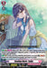 A Triple Rare trading card depicts a young woman with long brown hair, wearing a light blue and white outfit, holding a towel to her face. The card features various stats, abilities, and text: "Cooling Heart, Yuika (D-LBT04/014EN) [Lyrical Monasterio: Trick or Trick!]" from Bushiroad with a power level of 8000. Background is pastel-colored and ornate.