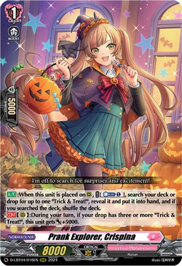 A colorful Triple Rare card from the "Cardfight!! Vanguard" series features Prank Explorer, Crispina (D-LBT04/016EN) [Lyrical Monasterio: Trick or Trick!] by Bushiroad. It shows a cheerful girl with long blonde hair, wearing a festive outfit and holding a pumpkin-shaped bucket. The background has starry and pumpkin decorations, enhancing its playful Trick or Trick theme.