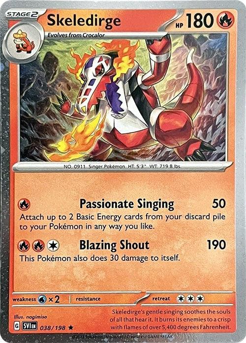 A rare Pokémon trading card of Skeledirge (038/198) (Cosmos Holo) [Miscellaneous Cards], a dragon-like creature with a red and yellow fiery body. The card shows it evolved from Crocalar and has 180 HP. Its abilities are "Passionate Singing" and "Blazing Shout." The colorful, detailed illustration makes this one of the most coveted Pokémon cards.