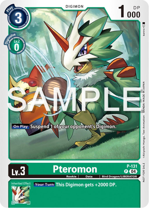 A Digimon trading card featuring Pteromon, a bird-like Digimon with green, white, and red feathers. Pteromon is depicted mid-flight with one wing extended. The card shows a play cost of 3, a DP of 1000, and an ability to suspend an opponent's Digimon. This promo card’s inherited effect grants +2000 DP. This is the Pteromon [P-131] (Digimon Liberator Promotion Pack) [Promotional Cards] by Digimon.
