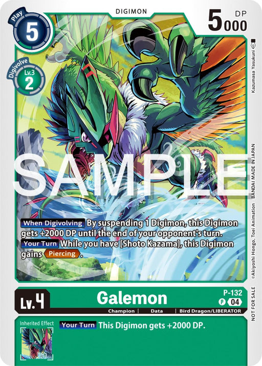 An image of the Digimon promo card "Galemon [P-132] (Digimon Liberator Promotion Pack) [Promotional Cards]." It depicts a green and purple bird-like creature with sharp claws and wings, holding a sword in its beak. The card has 5000 DP, a play cost of 5, and a Digivolution cost of 2. A "Sample" watermark is displayed across this promotional card.